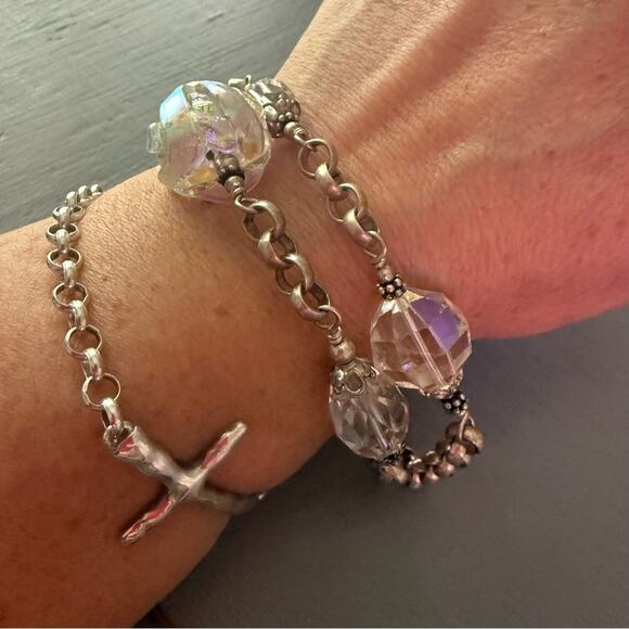 925 Sterling Silver Clear Opalescent Beaded Chainlink Multi Chain Bracelet - Picture 7 of 8